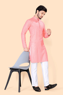 Metro Traders Men Abstract Straight Kurta(Pink)
