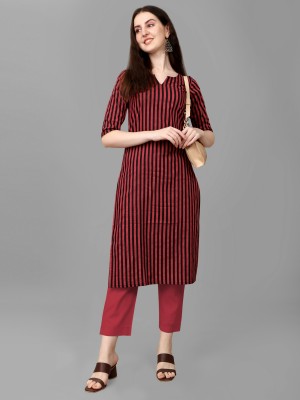 Nirvaan Women Striped Straight Kurta(Maroon)