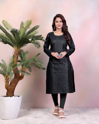 tapsi creation Women Woven Design A-line Kurta(Black)