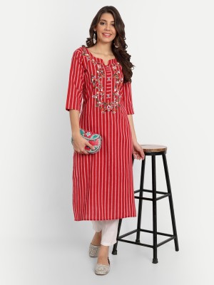 4U Fashion Women Striped Straight Kurta(Red)