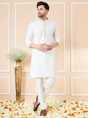 See Designs Men Self Design Straight Kurta(White)