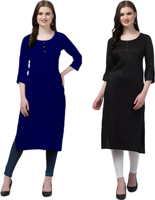 Coft Women Solid Straight Kurta(Blue, Black)