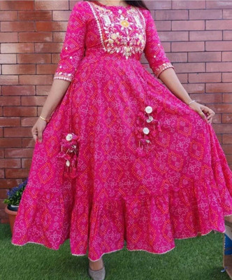 Nayak Women Bandhani, Embroidered, Patchwork Anarkali Kurta(Pink)