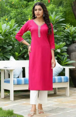 madhyax Women Embroidered, Solid A-line Kurta(Pink)