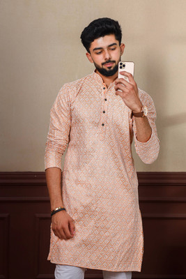 Koshin Men Printed Straight Kurta(Pink)