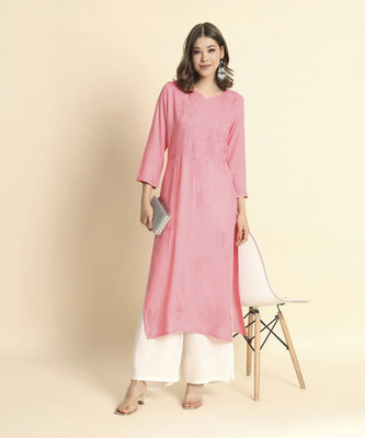 EKASYA Women Embroidered Straight Kurta(Pink)