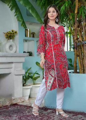 Lamba Creations Women Printed Straight Kurta(Pink)