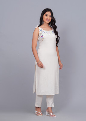 Neelu Rajput Women Embroidered A-line Kurta(White)