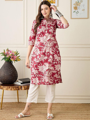 ANOUK Women Floral Print Straight Kurta(Red)