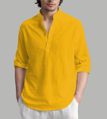 HOC's Men Washed Straight Kurta(Yellow)