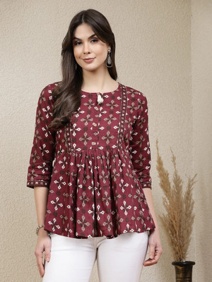 Stylum Women Printed, Embellished A-line Kurta(Maroon)
