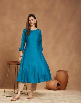 Fabindia Women Embroidered Flared Kurta(Blue)