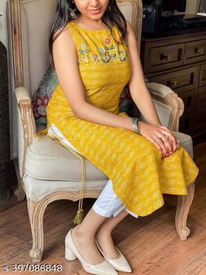 FabTrends Women Printed Straight Kurta(Yellow)