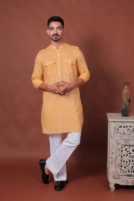 Varbandhan Men Solid Pathani Kurta(Yellow)