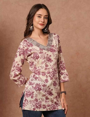 ethkart Women Embroidered Tunic Kurta(Brown)