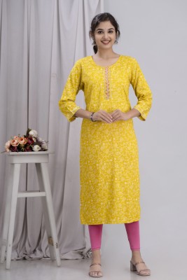 Raghulila Women Printed Straight Kurta(Yellow)