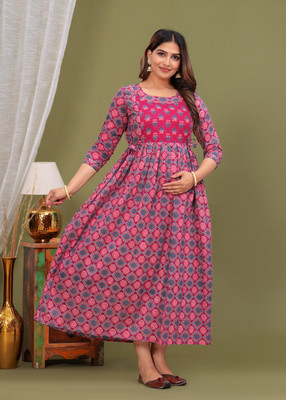 GUNINI Women Printed Anarkali Kurta(Pink, Blue)