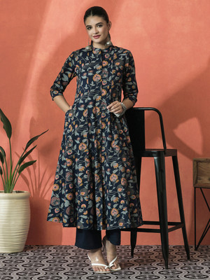 Sangria Women Printed A-line Kurta(Blue)