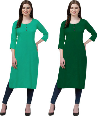 Coft Women Solid Straight Kurta(Dark Green, Green)