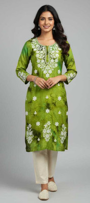 Awadh chikankari art Women Dyed/Ombre, Embroidered A-line Kurta(Green)