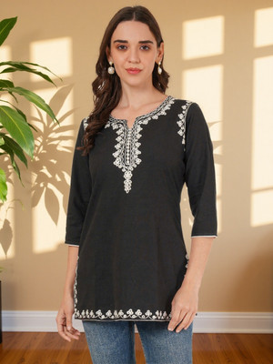Miss Peach Women Embroidered A-line Kurta(Black)