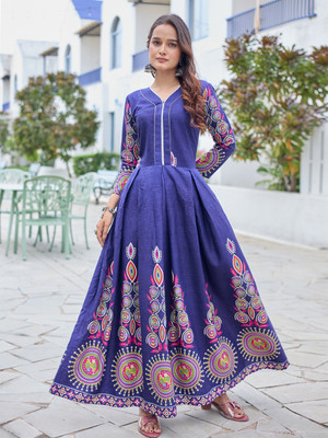 KRULRIN Women Gown Blue Ankle Length Dress