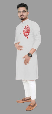 Mamata biswas Men Printed Straight Kurta(Grey)