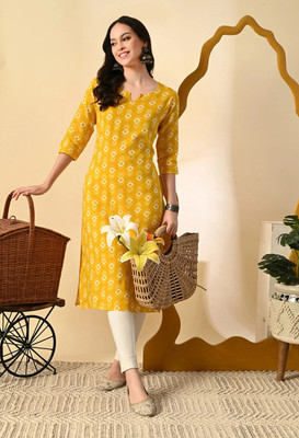 Glowworld Women Printed Straight Kurta(Yellow)