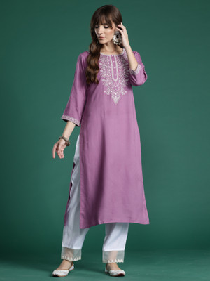 Indo Era Women Embroidered Straight Kurta(Purple)