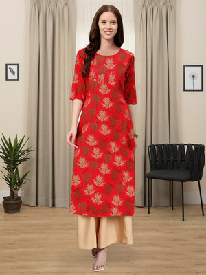1 Stop Fashion Women Floral Print A-line Kurta(Orange)