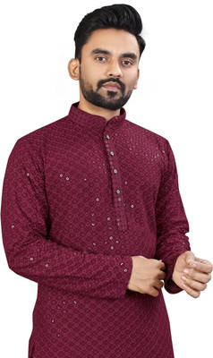 LYPLO Men Embellished Straight Kurta(Maroon)