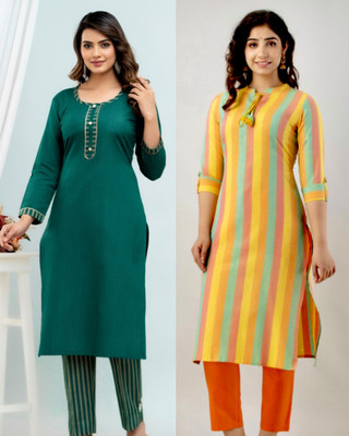 BILANZA Women Striped, Solid Straight Kurta(Green, Yellow)