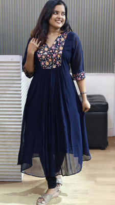 STITCHPEAR Women Embroidered, Floral Print A-line Kurta(Blue)