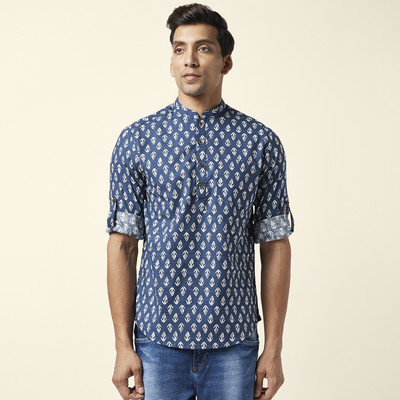Indus Route by Pantaloons Men Printed Straight Kurta(Blue)