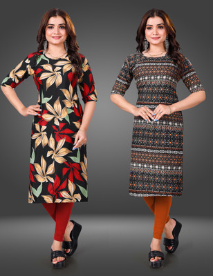 MOBHISA Women Printed Straight Kurta(Orange)