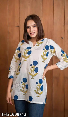 Asvik Women Printed Straight Kurta(White, Blue)