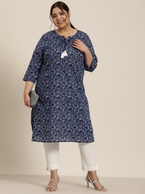 Sztori Women Printed Straight Kurta(Dark Blue, White)