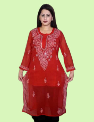 KKHANS SHERAS Women Embroidered Straight Kurta(Red)