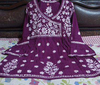 fayza collection Women Chikan Embroidery Flared Kurta(Purple)