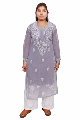 Unstop Women Chikan Embroidery Ethnic Dress Kurta(Grey)