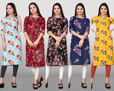 MAA FAB Women Floral Print Straight Kurta(Black)