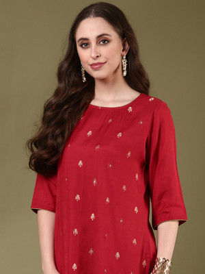 ANOUK Women Block Print Straight Kurta(Red)