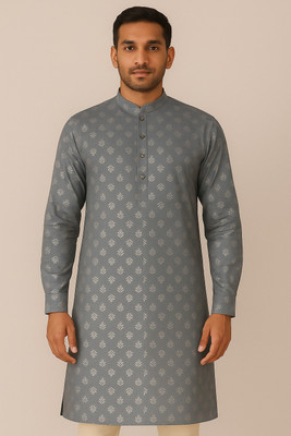 Wardrobeyatra Men Geometric Print Straight Kurta(Grey)