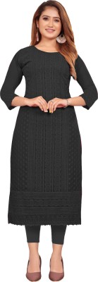 KAYRAAH Women Chikan Embroidery Straight Kurta(Black)