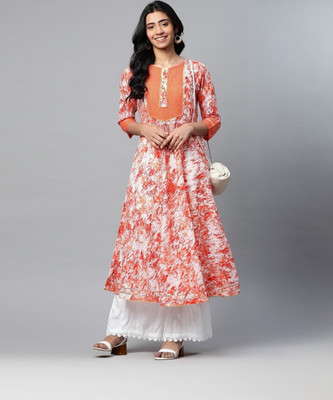 Yash Gallery Women Printed Anarkali Kurta(Orange)