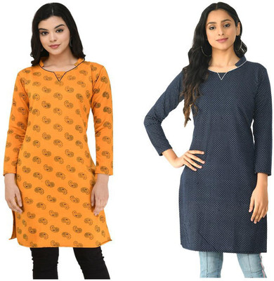 Indeweaves Women Floral Print A-line Kurta(Dark Blue, Yellow)