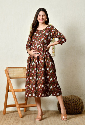 Silakiva Women Floral Print, Printed Gown Kurta(Brown)