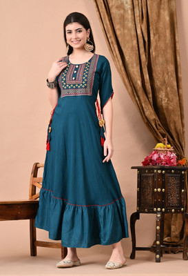 jaipurite Women Embroidered Gown Kurta(Dark Blue)