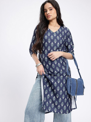 Anouk Rustic Women Floral Print Straight Kurta(Blue)
