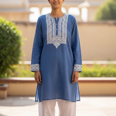 Creative Things Women Embroidered Straight Kurta(Blue)